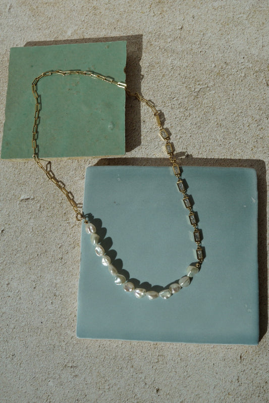 MONTECITO Diamond Baguette & Pearl Mixed Chain Necklace