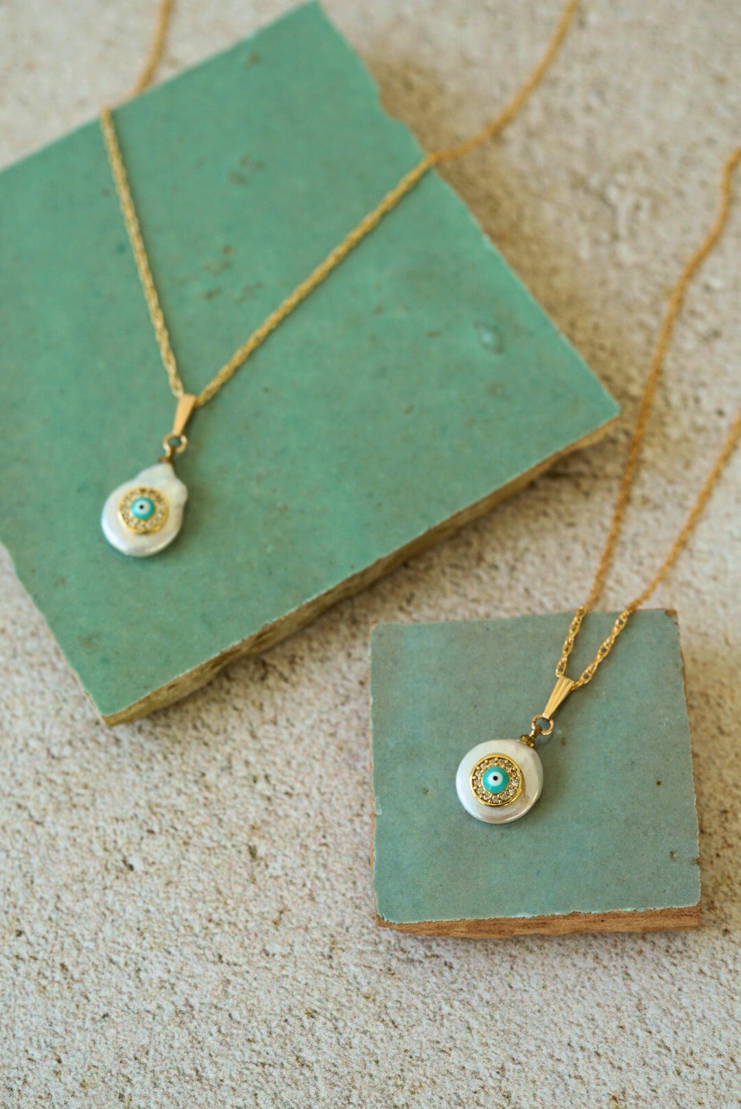 KAMALA Evil Eye Pearl Pendant Necklace Gold Filled