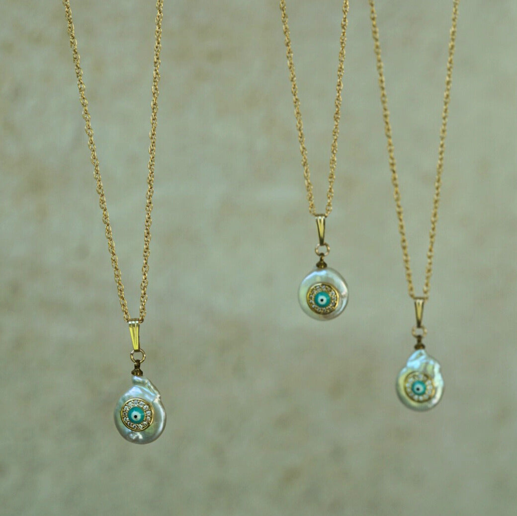 KAMALA Evil Eye Pearl Pendant Necklace Gold Filled